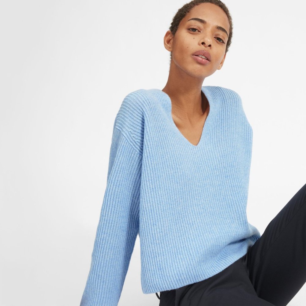 Everlane Cashmere Rib V-neck in Light Blue XXS